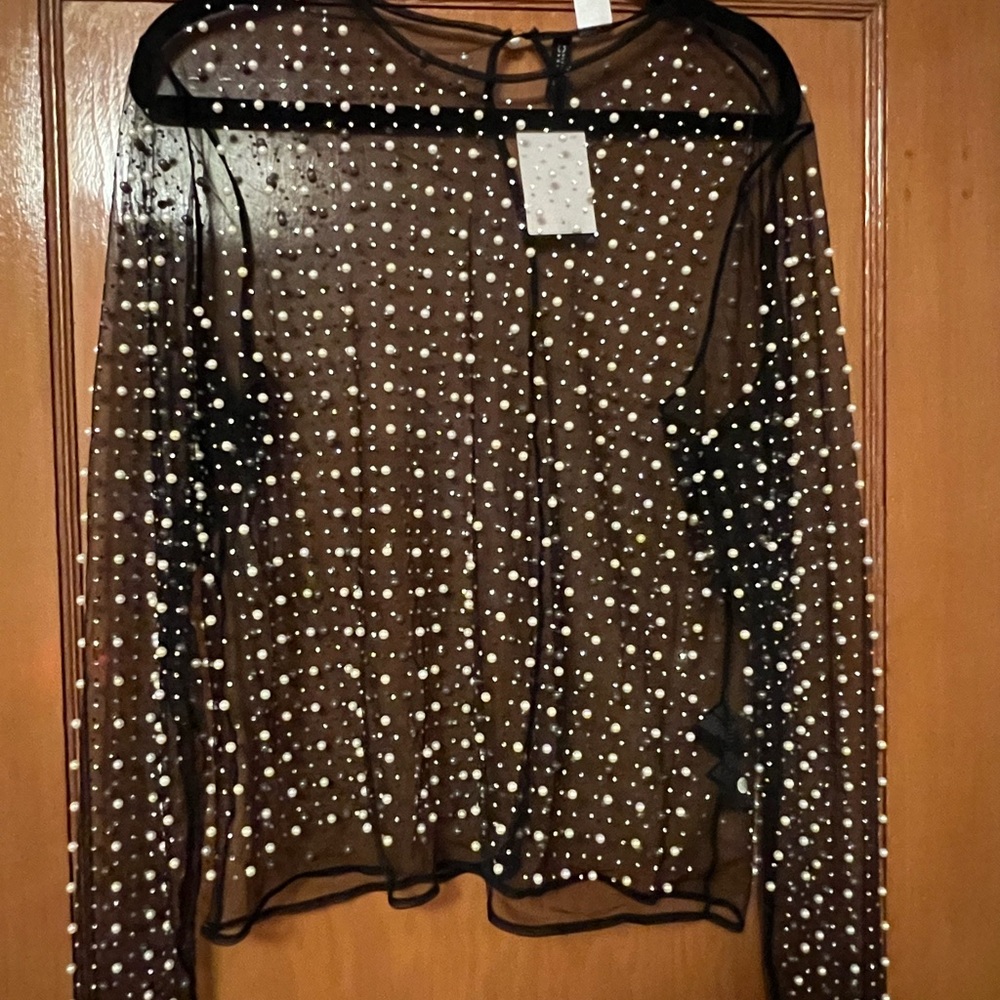 Black Sheer Top with Pearl Accents